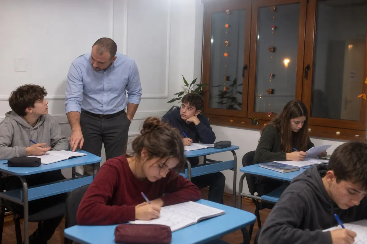 Učenici rade u sveskama dok nastavnik pomaže za klupom.